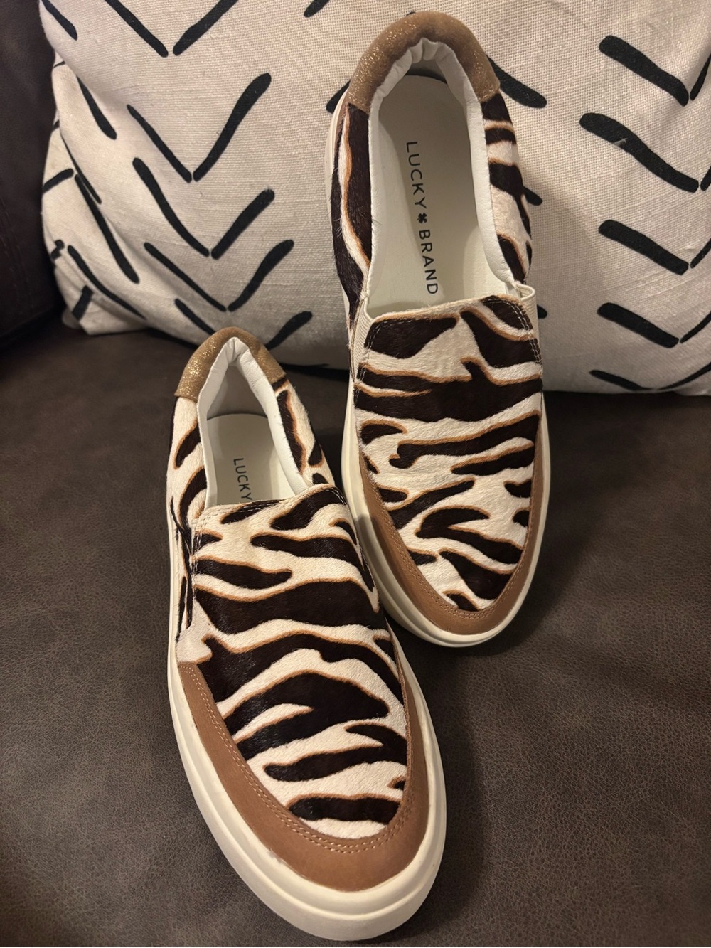 Lucky Brand Brown, White & Tan Zebra-Pattern Slip-On Loafers